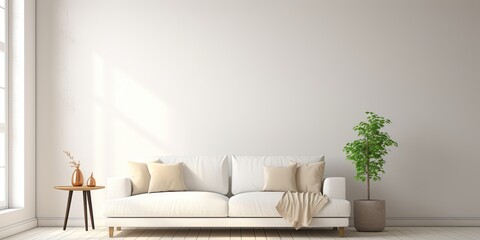 Living room with white walls featuring a sofa and decorations.
