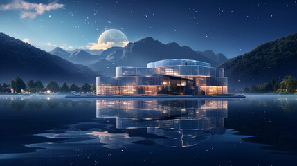 Futuristic data lakehouse concept with a holographic cityscape on a serene lake reflecting cutting-edge data integration. 