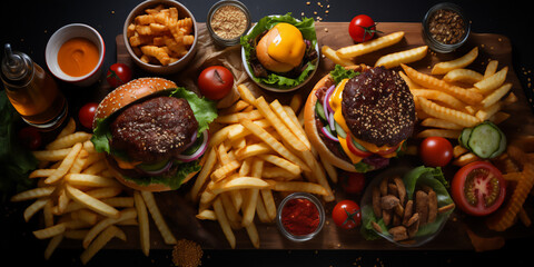 Various fast foods on the table, hamburgers, french fries, drinks, sauces