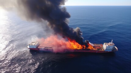 Aerial photo of a container ship during a fire. Shipping is one of the most important engines of...