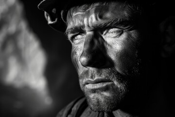 A monochrome portrait of a weathered man, wearing a black hat and sporting a dirty face with deep wrinkles, evoking a sense of resilience and hardship in his human journey