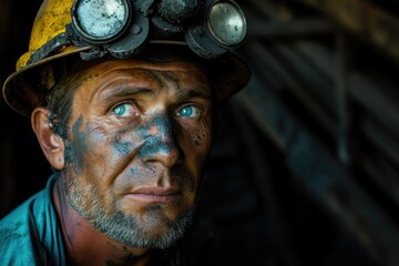 A seasoned man dons a protective helmet, his piercing blue eyes peeking out from under the brim as he gazes confidently into the camera, a symbol of strength and resilience