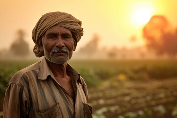 A mysterious man in a turban stands tall in a foggy field, his face obscured by the hazy sky as he gazes off into the distance with a stoic expression, his beard adding to his enigmatic aura