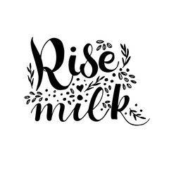 Vegan rise milk label  lettering. Delicious  plant drink text elements.  Plant-based milk rise drink. Vector illustration.  Perfect for  packaging  dairy products. 