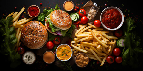 Various vegan fast foods on the table, hamburgers, french fries, sauces on a dark background