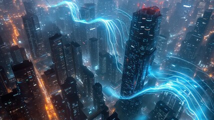 A vision of a futuristic cityscape with waves of digital data flowing through, symbolizing the emergence of a new technological era.