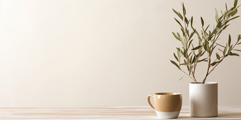 Minimal Scandinavian dining room with olive tree branches in a beige vase, a brown cup of coffee, tea, and old books on a wooden table against a white wall background.