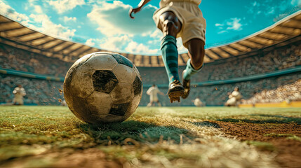 Vintage Football Elegance: Sharp Focus on Soccer Ball, Blurred Legs of Player, and Stadium in Background