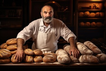 Fototapeta premium A skilled baker proudly displays his freshly baked bread, tempting passersby with the irresistible aroma of his delicious treats