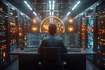 Futuristic control room, holographic displays, circular interface, glowing orange lights, blue data servers, reflective floor, sci-fi technology, cyberpunk aesthetic, high-tech workspace, 