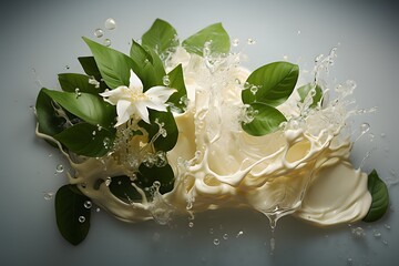 White jasmine flowers with green leaves and splashes of milk