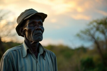 A weathered man stands in the great outdoors, his face turned towards the sky as he gazes at the clouds, his hat adding a touch of character to his portrait