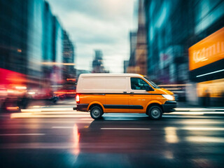Fototapeta na wymiar An orange delivery van driving through the city as a business concept