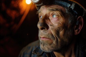 Obraz premium A rugged man gazes intensely, his dirt-stained face framed by a dark helmet and a well-worn hat, his weathered features adorned with a proud beard and moustache