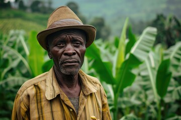 Fototapeta premium A weathered farmer stands in a lush field, his face hidden beneath a wide-brimmed sun hat as he tends to his crops