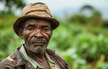 Fototapeta premium A rugged farmer, with weathered wrinkles etched into his face, stands proudly in an outdoor crop field, his trusty hat shielding him from the sun's rays