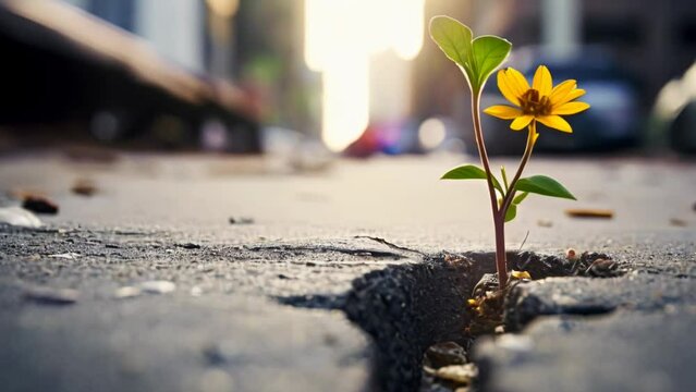 time lapse of small yellow flower growing in the street

