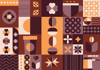 Coffee geometric background in minimal retro style.Abstract wall art.Ideal for coffee shop,bakery,branding,decoration,cover design, decorative print, background.Vector illustration EPS 10.
