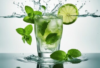 Mojito cocktail with splashes mint leaves and lime slices flying in the air white background copy space