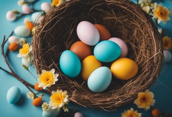 Nest with colorful Easter eggs and flowers on blue background copy space