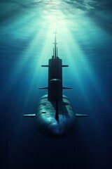 Underwater view of a heavy nuclear submarine floating in the ocean. A shadowy threat to enemies and protection of the country's security. Vertical picture.