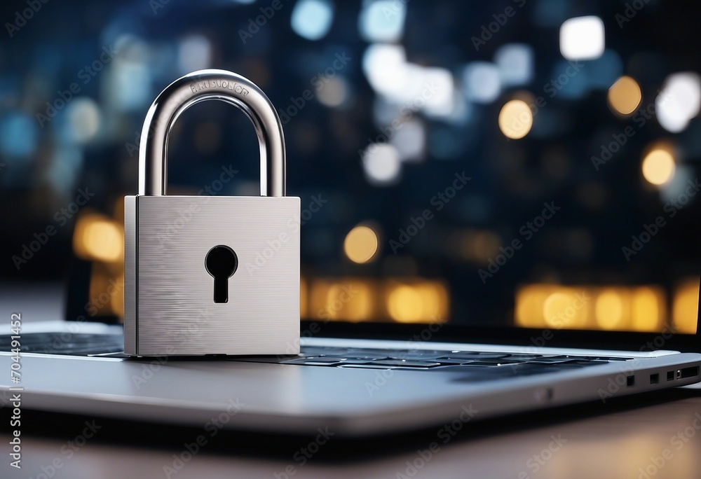 Poster padlock on the screen of open laptop on black background with copy space cyber security concept
