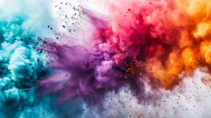 Explosión que cubre toda la imagen de humo y polvo de colores con fondo blanco