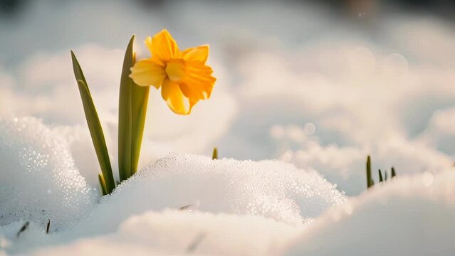 Time lapse of growing yellow daffodil in the snow
