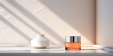 Cosmetic product displayed on abstract studio background. Empty room with window shadows and blurred backdrop.