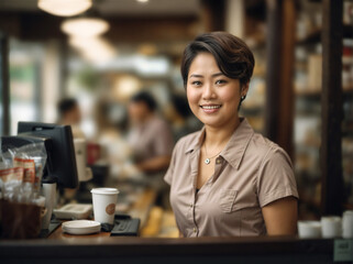 A positive and motivated Asian woman showcasing her professional attitude in a cafe, working in the role of a barista
