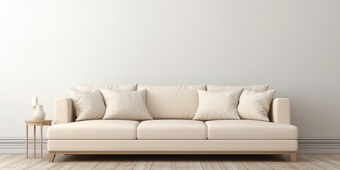 Basic interior design with cozy beige couch, room for text.