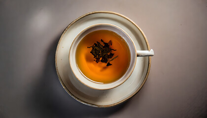 overhead view of a single teacup filled with aromatic tea