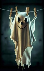 hang a ghost on a clothesline with two wooden pins and let it dry in the wind, black background