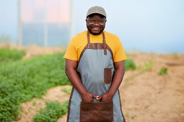 Black farmer standing with hands in pockets, crops in background, smiling.