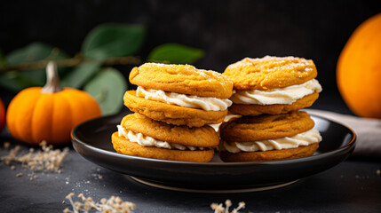 Fototapeta na wymiar Pumpkin sandwich cookies with cream cheese filling