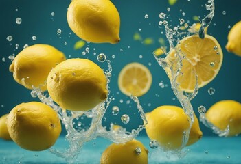 Ripe lemons flying in the air with splashes of water on a light blue background