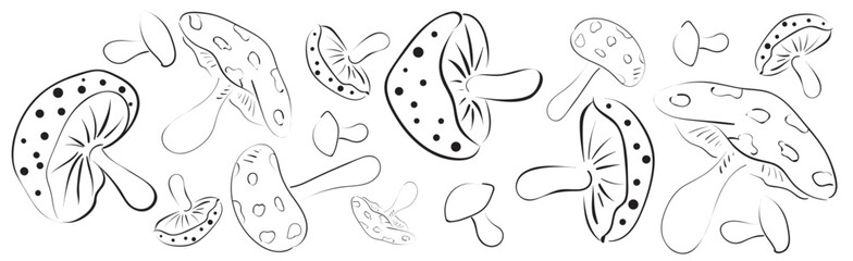Naklejka premium A set of black and white mushrooms of different sizes and shapes drawn with lines. For design, decoration, invitations, cards.