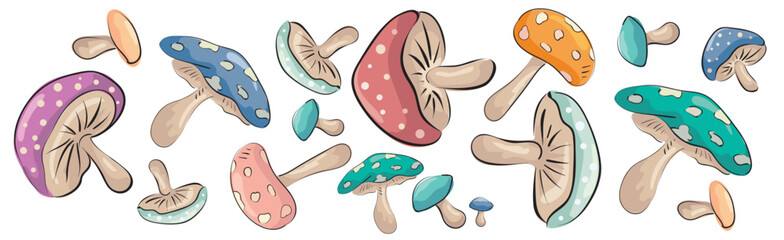 Set of colored mushrooms of different sizes and shapes, drawn with lines and color. For design, decoration, wedding invitations, cards, stickers.
