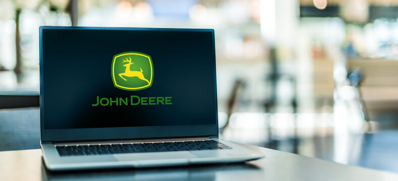 Laptop computer displaying logo of John Deere