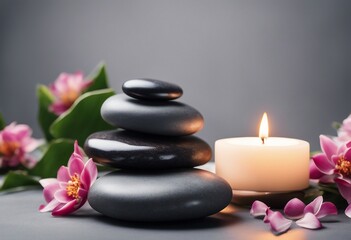 Spa gray background with massage stones exotic flowers and copy space