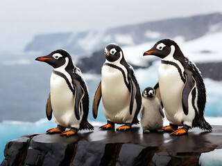 Fototapeta premium A family of penguins huddled together on an icy cliff overlooking the vast expanse of the Antarctic