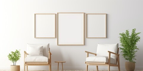 Modern scandinavian-style living room design with an empty white picture frame mockup, representing minimalism and home staging.