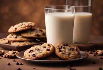 Stack of chocolate chip cookies and glass of milk on the table on brown background with copy space