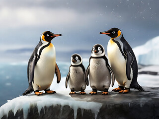 A family of penguins huddled together on an icy cliff overlooking the vast expanse of the Antarctic