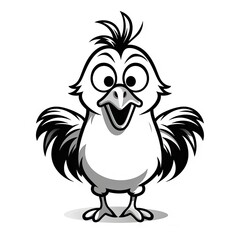 A playful black and white illustration of a happy cartoon bird with wings spread.