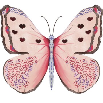 light pink butterfly with small hearts and leopard spots on a white background