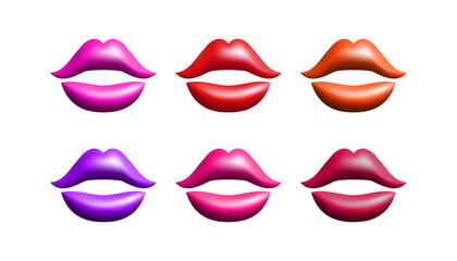 3d red, pink, purple and orange abstract lips set vector illustration design.