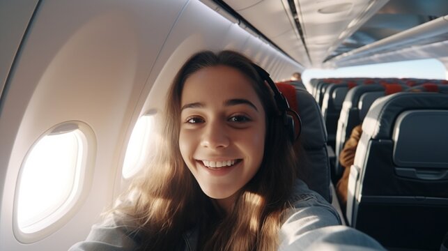 Smiling Woman taking selfie in plane