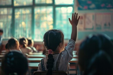  children in classroom with hands raised - obrazy, fototapety, plakaty