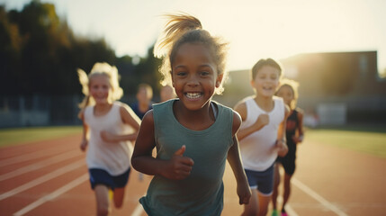 Multi diverse multi ethnic kids running on athletic track, showcasing a healthy active lifestyle for little children - obrazy, fototapety, plakaty